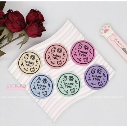 สติ๊กเกอร์ " THANK YOU! " ลายน่ารัก (แพค60ดวง) มี 6 สีในเซท
