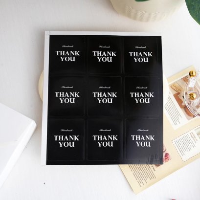 สติกเกอร์แต้งกิ้ว สีดำ Thank You Sticker สติกเกอร์ขอบคุณ น่ารัก สติกเกอร์ตกแต่ง ฉลาก DIY (1แผ่นมี9ดวง)