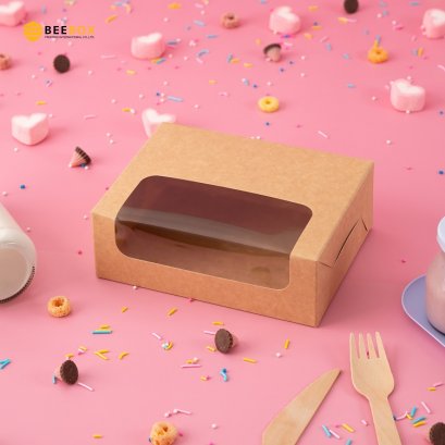 กล่องสแน็คบ็อกซ์ผืนผ้าเจาะหน้าต่างสีน้ำตาล