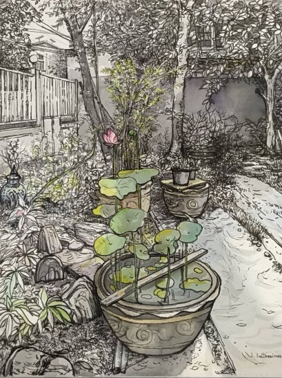 Lotus pot in the garden