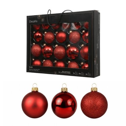 ชุดลูกบอลคริสต์มาสแก้ว Christmas Red | 21 ลูก/กล่อง | &Oslash; 5 / 6 / 7 ซม.