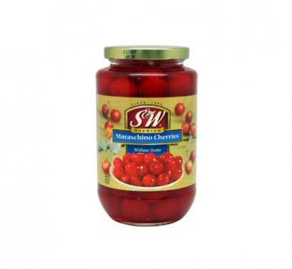 เชอร์รี่แดงไม่มีก้าน ตรา เอสแอนด์ดับบลิว 751 กรัม S&amp;W RED MARASCHINO CHERRIES WITHOUT STEMS 751 g. (ยกลัง 12 ชิ้น)