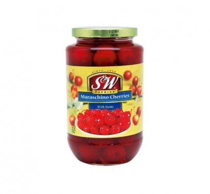 เชอร์รี่แดงมีก้าน ตรา เอสแอนด์ดับบลิว 751 กรัม S&amp;W RED MARASCHINO CHERRIES WITH STEMS 751 g. (ยกลัง 12 ชิ้น)