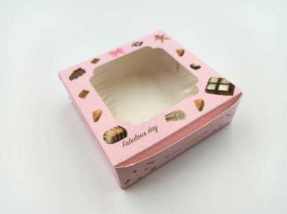 กล่องบราวนี่ 1 ชิ้น สีชมพูลายช็อกโกแลต (50ใบ/แพ็ค)