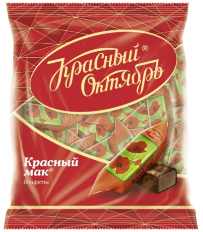 ขนมสอดไส้พราลีนผสมเกล็ดคาราเมลเคลือบช็อคโกแล็ต /  Конфеты Красный Октябрь Красный мак, пакет