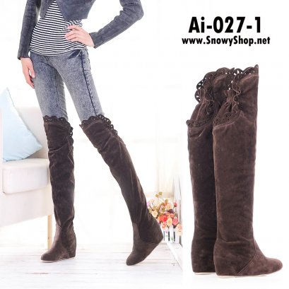  [พร้อมส่ง 36,40] [Aai-027-1] รองเท้าบู๊ทยาวสีน้ำตาลเข้มเหนือเข่า ด้านหลังจั๊ม เสริมส้นด้านใน ผ้ากำมะหยี่น่ารักมากๆ 