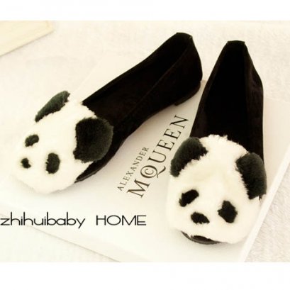  [[พร้อมส่ง36 37 38 39]] [Ai-033] Aix++รองเท้า++รองเท้าคัทชูสีดำลายหมีแพนด้าบุขนด้านในนิ่มมากๆ