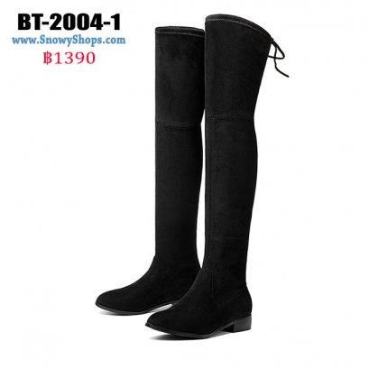 [พร้อมส่ง 36,37,38,39,40,41,42,43] [BT-2004-1]  Long Boots รองเท้าบู๊ทยาวสีดำ ผ้ากำมะหยี่ ด้านในซับขนกันหนาว ขอบบนด้านหลังผูกเชือก ส้นเตี้ยค่ะ 