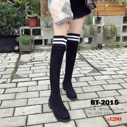[พร้อมส่ง 36,37,38,39,40] [BT-2015]  Long Boots รองเท้าบู๊ทยาวสีดำผ้ากำมะหยี่ ขอบบนรองเท้าเป็นผ้าคอตตอนลายขวางสีขาวดำ ใส่แล้วสวยมากๆ