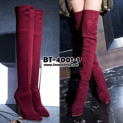  [พร้อมส่ง 36 37 38 39] [Boots] [BT-4001-1] Boots รองเท้าบู๊ทหนังกำมะหยี่สีแดง ส้นสูง บู๊ทใส่เลยหัวเข่า ใส่สบายผ้าหนังนิ่มคุณภาพดี