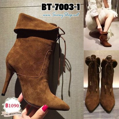 [พร้อมส่ง 36,38,39] [Boots] [BT-7003-1] Boots รองเท้าบู๊ทสั้นหนังกลับสีน้ำตาล ส้นสูงมีเชือกผูกเก๋ๆ หนังนิ่มใส่สบายค่ะ
