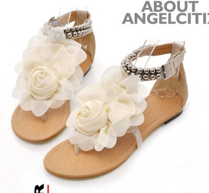 [[พร้อมส่ง37 ]] [CL-008] Colorful++รองเท้า++รองเท้าแต่งดอกไม้สีครีม สายรัดข้อ