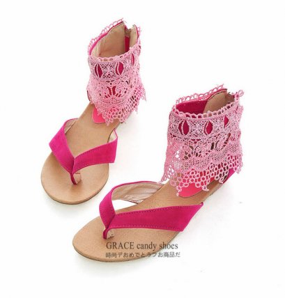  [[พร้อมส่ง 36 39]] [CL-009] Colorful++รองเท้า++รองเท้าหุ้มข้อด้วยผ้าลูกไม้สวยๆค่ะ