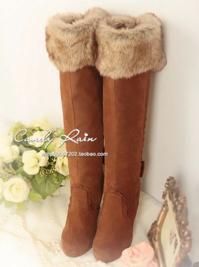  [[พร้อมส่ง 35,36]] [CR-005] Candy Rain++รองเท้าบู๊ท++รองเท้าบู๊ทส้นสูงหุ้มข้อสูงแต่งขน สวยๆค่