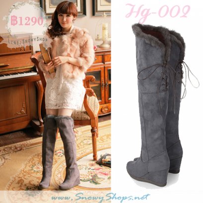 [พร้อมส่ง 38] [Boots] [Hg-002] รองเท้าบูทยาวสีเทาเสริมส้น บูทกำมะหยี่สีเทาขอบแต่งเฟอร์น่ารัก ผูกเชือกด้านหลังค่ะ