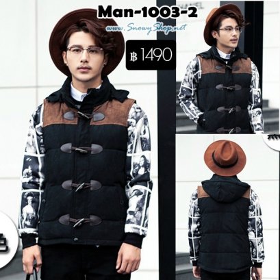  [พร้อมส่ง 3XL] [Man-1003-2] เสื้อโค้ทกันหนาวผู้ชายสีดำ เป็นเสื้อกั๊กฮู้ด กระดุมเกี่ยวและมีหมวกฮู้ด