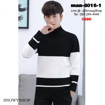 [พร้อมส่ง M,L,XL,2XL,3XL] [Man-4016-1] เสื้อไหมพรมคอสูงผู้ชายสีดำ ลายทางสีขาว ผ้าไหมพรมหนานุ่มกันหนาว