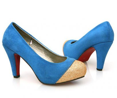 [[พร้อมส่ง35 36 37 38 40]] [Pm-032] Pangmama++รองเท้า++รองเท้าส้นสูงหุ้มข้อสีฟ้า หัวทองค่ะ