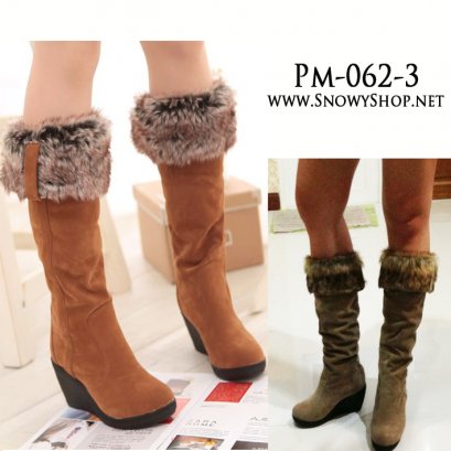 [[พร้อมส่ง 38  39 [Boots] [Pm-062-3] Pangmama Boots รองเท้าบู๊ทสูงสีเขียวขี้ม้าบุขนด้านใน สามารถพับข้อได้