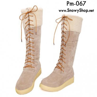  [[พร้อมส่ง 36,37,38,39,40,41,42,43]] [Boots] [Pm-067] Pangmama รองเท้าบู๊ทสีครีมบู๊ทสูงบุขนกันหนาวด้านใน ผูกเชือกสวย ใส่กันหนาวติดลบได้เลยค่ะ