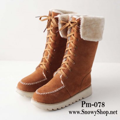  [[พร้อมส่ง 36,37,38,39]] [Boots] [Pm-078] Pangmama รองเท้าบู๊ทสีน้ำตาลกำมะหยี่ ซับขนสีครีมกันหนาวได้อุ่นลุยหิมะได้เลยค่ะ