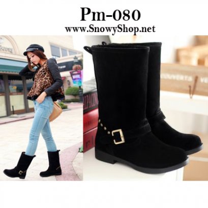 [[พร้อมส่ง 36 37 38 ]] [Boots] [Pm-080] Pangmama รองเท้าบู๊ทสีดำกำมะหยี่ บุขนกันหนาวด้านใน สไตล์สวยค่ะ