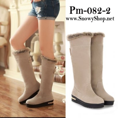  [[พร้อมส่ง 36,37]] [Boots] [Pm-082-2] Pangmama รองเท้าบู๊ทสูงสีครีมกำมะหยี่ ซับขนกันหนาวด้านใน ใส่สวยมากๆค่ะ