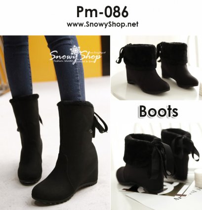 [[*พร้อมส่ง36,37,38,39,40,41,42,43] [Boots] [Pm-086] Pangmama รองเท้าบู๊ทสีดำผ้ากำมะหยี่ซับกันหนาวด้านใน รองเท้าพับได้และผูกเชือกด้านหลังน่ารักสุดๆค่ะ