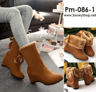 [[*พร้อมส่ง36,37,38,39,40,41,42,43] [Pm-086-1] Pangmama รองเท้าบู๊ทสีน้ำตาลผ้ากำมะหยี่ซับกันหนาวด้านใน รองเท้าพับได้และผูกเชือกด้านหลังน่ารักสุดๆค่ะ