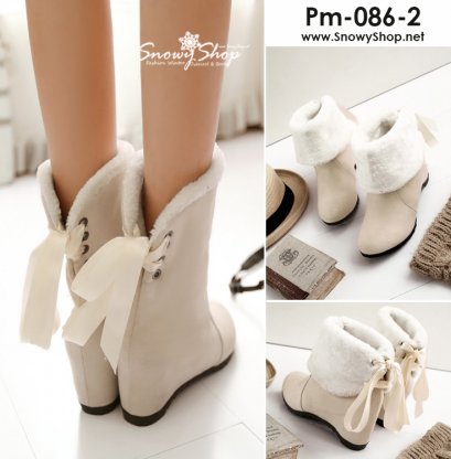  [[*พร้อมส่ง36,37,38,39,40,41,42,43]] [Boots] [Pm-086-2] รองเท้าบู๊ทสีครีมผ้ากำมะหยี่ซับกันหนาวด้านใน รองเท้าพับได้และผูกเชือกด้านหลังน่ารักสุดๆค่ะ