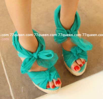  [พร้อมส่ง] [Qu-006] Queen++รองเท้า++รองเท้าสีเขียว รัดข้อผ้าผูกแต่งโบว์