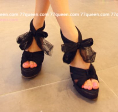  [พร้อมส่ง] [Qu-007] Queen++รองเท้า++รองเท้าสีดำ รัดข้อผ้าผูกแต่งโบว์