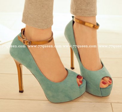  [[พร้อมส่ง 36]] [Qu-013] Queen++รองเท้า++รองเท้าส้นสูงสีฟ้า พร้อมสายรัดข้อ