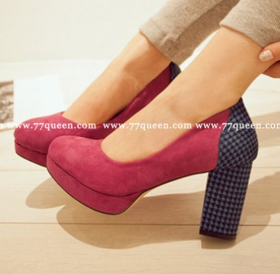  [[พร้อมส่ง]] [Qu-021] Queen++รองเท้า++รองเท้าส้นสูงสีชมพูส้นลายสก๊อตสีฟ้า