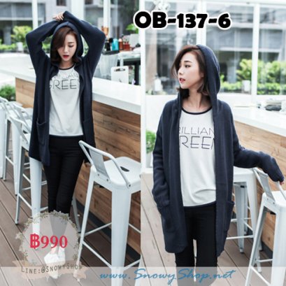  [พร้อมส่ง F ] [OB-137-6] Orange Bear เสื้อคลุมมีฮู้ดสีน้ำเงินเข้ม เสื้อคลุมตัวยาวมีกระเป๋าข้างสไตล์ญี่ปุ่น