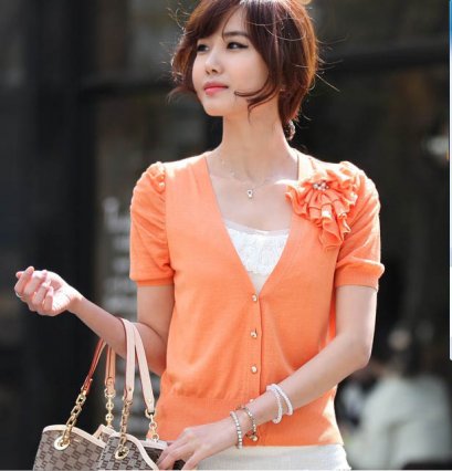  [[*พร้อมส่ง F]] [SZ-3037] SZ++เสื้อคลุม++เสื้อสีส้มคลุมผ้าคาร์ดิแกนแขนสั้น ประดับดอกไม้ด้วยค่ะ