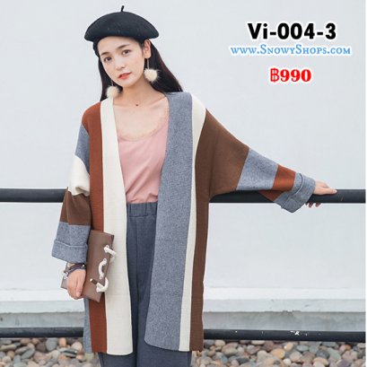 [พร้อมส่ง F] [Vi-004-3]  เสื้อคลุมไหมพรมตัวยาวสีน้ำตาลแถบเทาขาว  ผ้าไหมพรมหนาเนื้อนุ่มแบบยาวกันหนาวอย่างดี