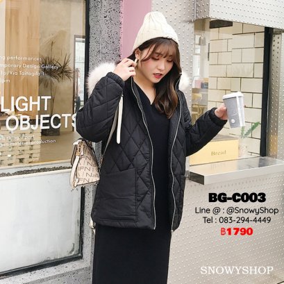 [พร้อมส่ง XL,2XL,3XL,4XL] [BG-C003] เสื้อโค้ทกันหนาวสีดำ หมวกฮู้ดแต่งขนเฟอร์ มีกระเป๋าหน้าสองข้าง ในอุ่นกันหนาวติดลบได้ดี