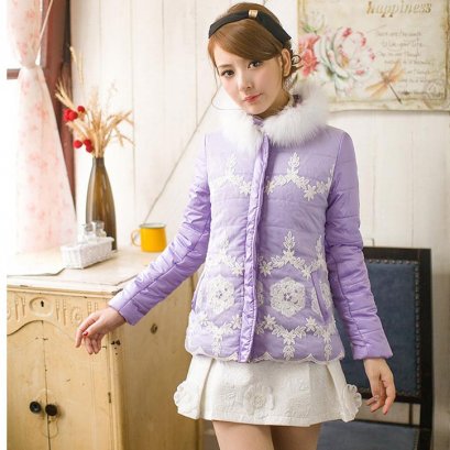  [[*พร้อมส่ง M]] [Ei-016] Weis++เสื้อกันหนาว++เสื้อโค้ทกันหนาวสีม่วงผ้าฝ้ายร่มกันหนาวกันลมกันฝน แต่งลายลูกไม้สีขาวสวย