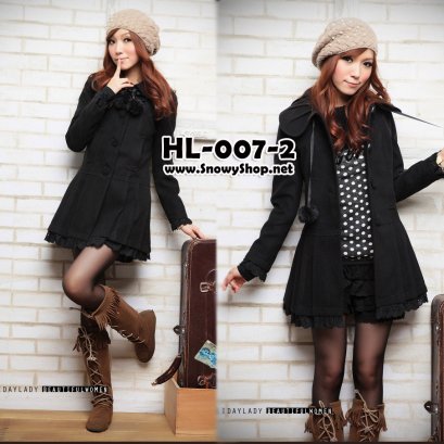  [[PreOrder]] [Coat] [HL-007-2] Holiday lady เสื้อโค้ทกันหนาวสีดำผ้าวูลมีซับด้านใน แต่งระบายผ้าลูกไม้สวย มีผูกคอปอมๆน่ารัก