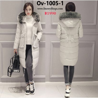 [พร้อมส่ง 2XL,3XL,4XL,5XL,6XL,7XL] [Ov-1005-1] Down Jackets เสื้อโค้ทขนเป็ดสีขาวเทา ผ้าฝ้ายร่มซับขนเป็ดกันหนาวใส่ลุยหิมะ พร้อมขมเฟอร์ถอดได้ ดีไซน์แต่งขนเฟอร์ที่กระเป๋าสองข้าง (ไซด์ใหญ่)
