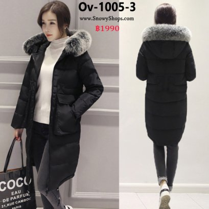 [พร้อมส่ง 2XL,3XL,4XL,5XL] [Ov-1005-3] Down Jackets เสื้อโค้ทขนเป็ดสีดำ ผ้าฝ้ายร่มซับขนเป็ดกันหนาวใส่ลุยหิมะ พร้อมขมเฟอร์ถอดได้ ดีไซน์แต่งขนเฟอร์ที่กระเป๋าสองข้าง (ไซด์ใหญ่)