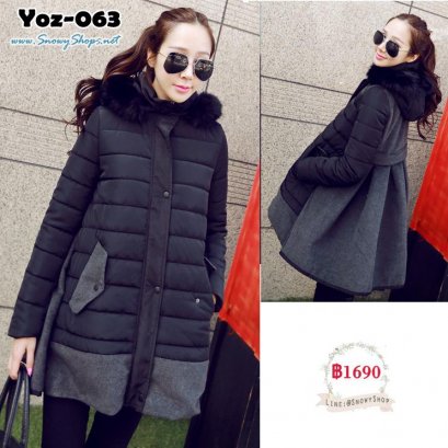  [PreOrder] [Yoz-063] Yozi Style เสื้อกันหนาวสีดำด้านหน้าเป็นผ้าฝ้ายร่มตัดต่อด้านหลังผ้าสีเทา พร้อมหมวกฮู้ดติดเฟอร์