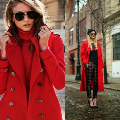 มาดูแฟชั่นเสื้อโค้ทกันหนาวสีแดงสไตล์ยุโรปกันจ้า