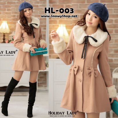 [[PreORder]] [HL-003] Holiday lady เสื้อโค้ทกันหนาวสีกากีผ้าวูลหนา แต่งโบว์ ปกขนเฟอร์สีขาวสวย เฟอร์ถอดได้ด้วยค่ะ