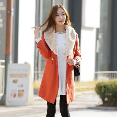  [[PreOrder]] [JK-714-2] JK2++โค้ทกันหนาว++โค้ทกันหนาวสีส้ม คอปกกว้างติดขนเฟอร์นุ่มกันหนาว (ขนเฟอร์ถอดได้)