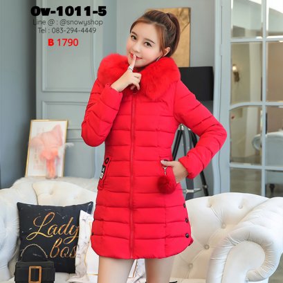 [พร้อมส่ง M,L,XL,2XL,3XL] [Ov-1011-5] Down Jackets เสื้อโค้ทขนเป็ดสีแดง ผ้าฝ้ายร่มซับขนเป็ดกันหนาวใส่ลุยหิมะ ซิปด้านหน้า กระเป๋าสองข้าง พร้อมขนเฟอร์สีแดง