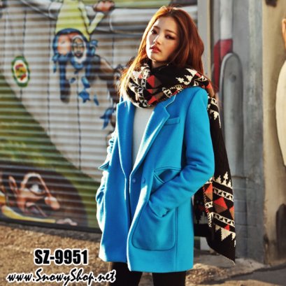  [PreOrder] [SZ-9951] Style By SZ เสื้อโค้ทกันหนาวสีฟ้าผ้าวูลหน้าซับกันหนาวด้านใน คอปกกว้าง มีกระเป๋าสองข้าง