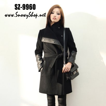  [[PreOrder]] [SZ-9960] Style By SZ เสื้อโค้ทกันหนาวสีดำ ผ้าวูลหนา ซับกันหนาวอย่างดี พร้อมผ้าผูกเอวสไตล์ชิค