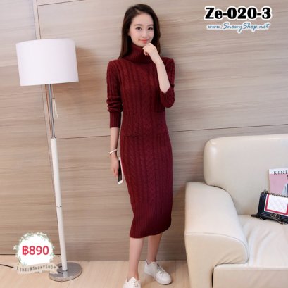 [พร้อมส่ง F] [Ze-020-3] เดรสไหมพรมคอเต่ายาวสีแดงเลือดหมู ถักไหมพรมผ้าหนานุ่ม มีกระเป๋าหน้าสองข้าง